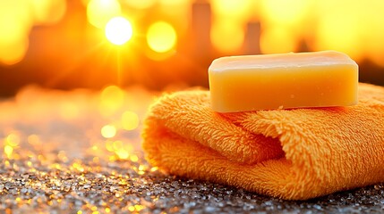 Golden hour spa retreat: soap and towel basking in the warm sunset glow
