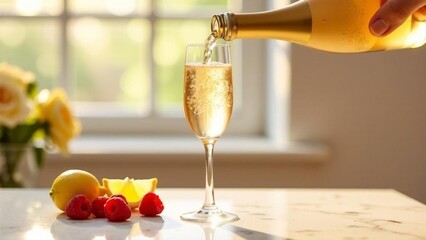 Pouring sparkling beverage into a elegant flute glass with fresh fruits on the table in a bright interior setting during the day