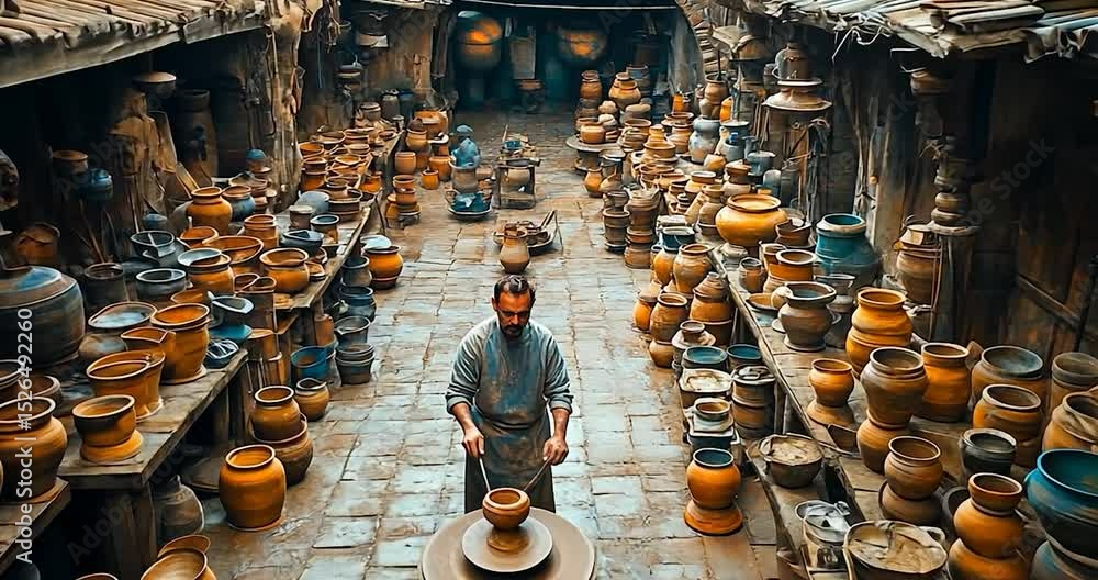 Poster potter creating pottery in workshop, surrounded by shelves filled with different pottery, showing di