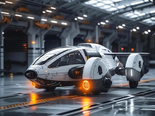 Obraz premium Futuristic Pod Transportation: A sleek, sci-fi vehicle in a modern, well-lit hangar, showcasing innovative design and technology.