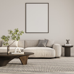 Elegant Living Room PNG Mockup with Single Vertical Frame and Mouse Toy Decor – Right Side View