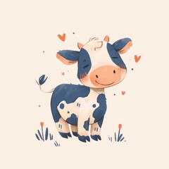 Cow icon, cute cartoon illustration style, clean white background and simple lines.