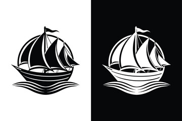 Black and White Boat Icon. Flat Sailboat Vector Illustration