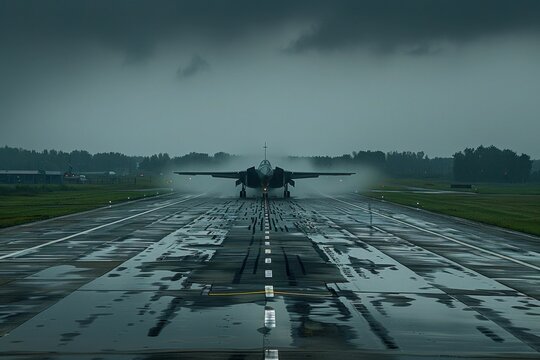Military jet on a wet runway in a dramatic, moody, and atmospheric image, showcasing the power and strength.