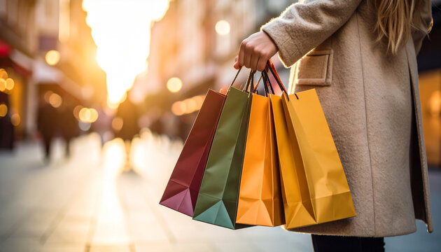 Close-up of a woman’s feet holding colorful shopping bags on the street with copy space – Shopping concept

