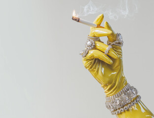 Yellow latex glove holding lit cigarette smoke pearl diamond rings jewelry ironic luxury cleaner concept surreal pop art style fashion editorial humor minimalist background copy space banner posh chic