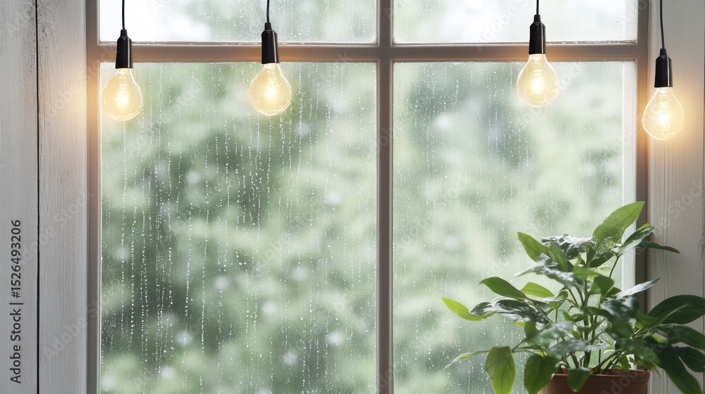 Poster soft glow from string lights outside foggy window creates cozy atmosphere
