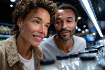 A joyful couple is seen closely examining products on a grocery store's shelf, reflecting the connection and everyday moments shared in vibrant shopping environments.