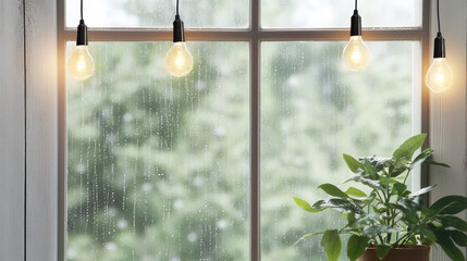 Soft glow from string lights outside foggy window creates cozy atmosphere