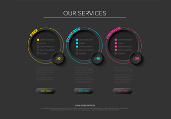 Dark Modern Pricing Table Design with Free, Standard, and Premium Plans