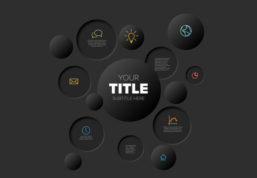 Dark Neumorphic Circle Infographic Template Layout with Icons