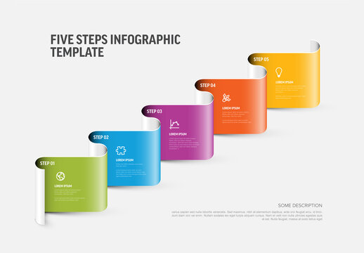 Five Steps Infographic Template with Colorful Ribbon Shapes