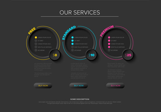 Dark Modern Pricing Table Design with Free, Standard, and Premium Plans