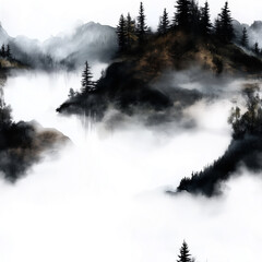 Misty Mountain Landscape: A serene landscape featuring mountains and forests shrouded in mist, creating a sense of mystery and tranquility.