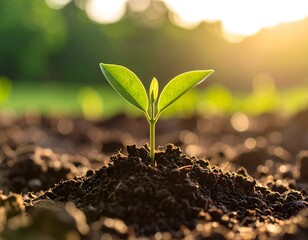 Sprout emerging from soil, sunlit