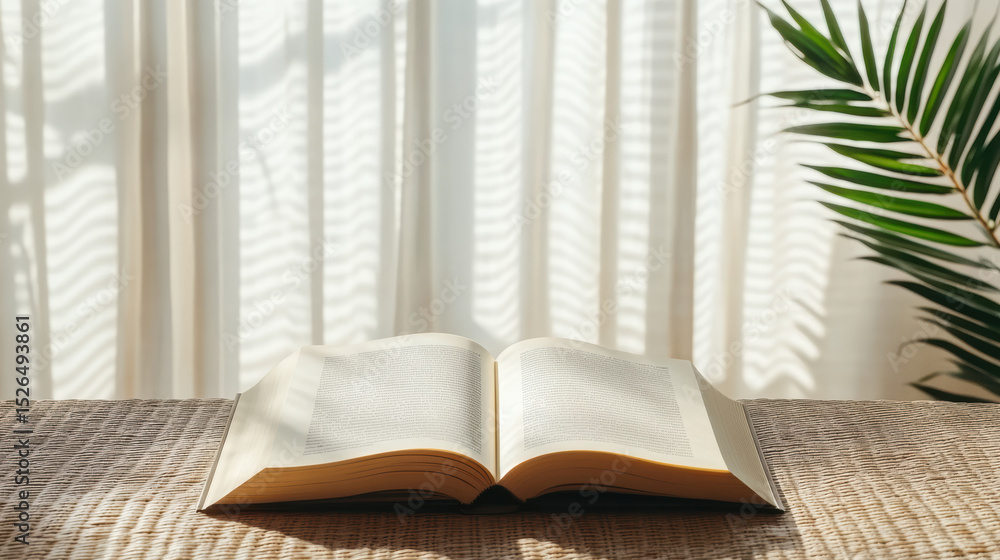 Poster open book rests textured surface, illuminated by soft sunlight filtering through sheer curtains