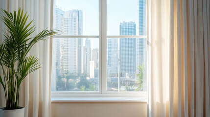 Fototapeta premium Bright window view showcasing city skyline with modern buildings and potted plant nearby