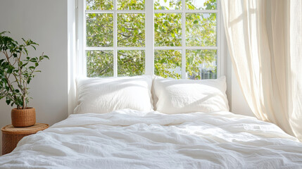 Fototapeta premium Soft neutral palette bedding with crumpled comfort and natural light streaming