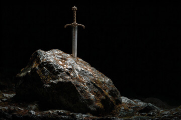 a sword is standing on a rock in the dark