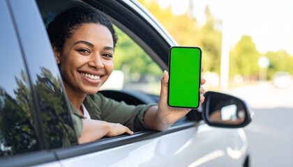 Woman sitting in driver’s seat holding smartphone with green screen to camera, other hand relaxed on steering wheel, car interior, digital technology concept

