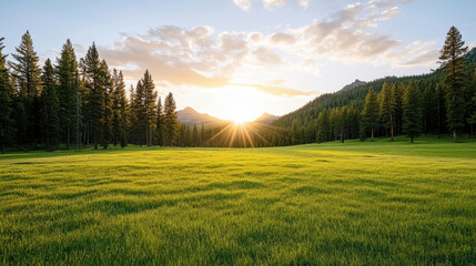 Naklejka premium Serene landscape featuring vibrant green meadow surrounded by tall pine trees, with sun setting
