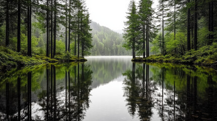 Obraz premium Lush trees reflect beautifully in calm water, creating serene morning atmosphere