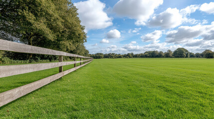 Lush green grass stretches across serene landscape, bordered by wooden fence under bright sky