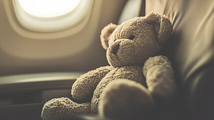 Teddy bear seated by aircraft window, quietly observing the world. Comforting plush toy on an emotional journey.