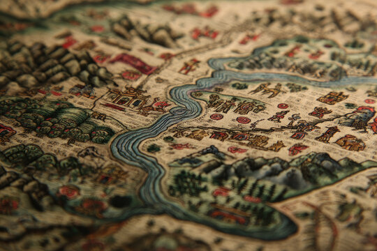 Close up of antique silk map showing detailed illustrations of rivers, mountains, and buildings with vibrant colors and intricate designs, evoking sense of historical exploration and artistry