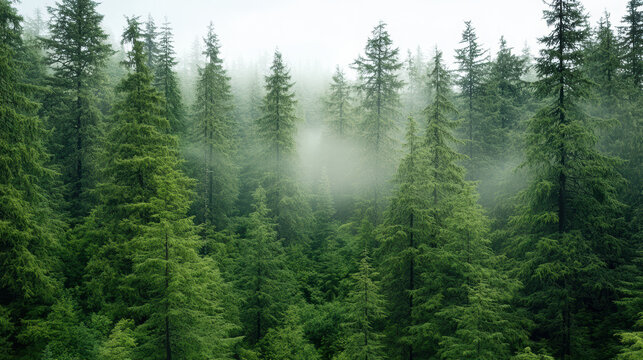 Lush evergreen trees rise majestically in misty forest, creating serene atmosphere - Powered by Adobe