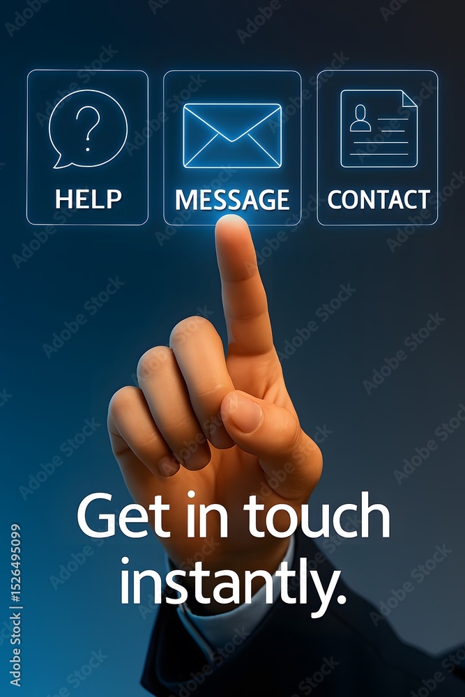 Poster a finger taps a screen displaying help, message and contact icons. get in touch instantly.