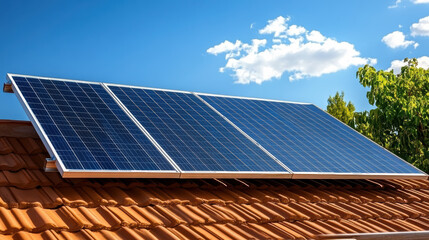 Solar panels on rooftop under clear blue sky with clouds create sustainable energy solution