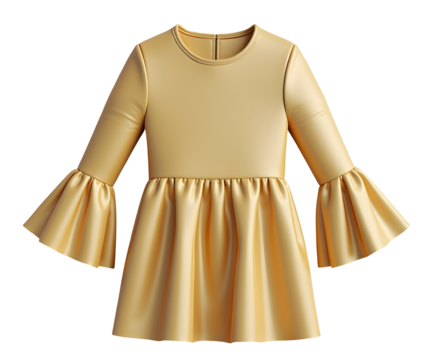 Golden bell dress with flared sleeves and shiny fabric, elegant and stylish design