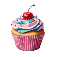 Delightful cupcake adorned with vibrant icing and a luscious cherry top