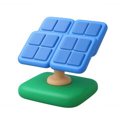 Solar panel model on green base, isolated on transparent background, 3D claymorphic icon
