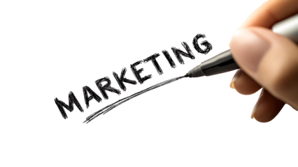 Hand writing the word "MARKETING" in bold letters with marker, on a transparent white background, minimalist branding concept for strategy and communication.