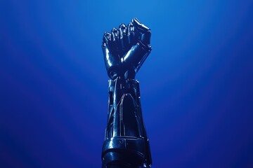 A metallic robotic arm, clenched in a fist, raised against a deep blue backdrop, showcasing intricate mechanical detail and a powerful stance