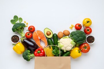 fruits and vegetables in a basket, Supermarket. Paper bag full of healthy food.