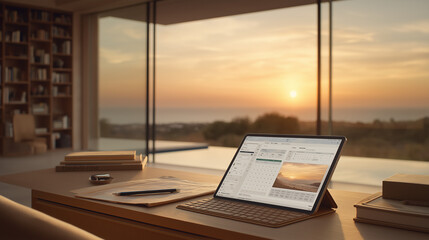 A modern home office with a digital planner and sunset glow