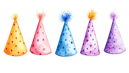 Cute Birthday Set with watercolor and party hats. Isolated on transparent background, party decoration