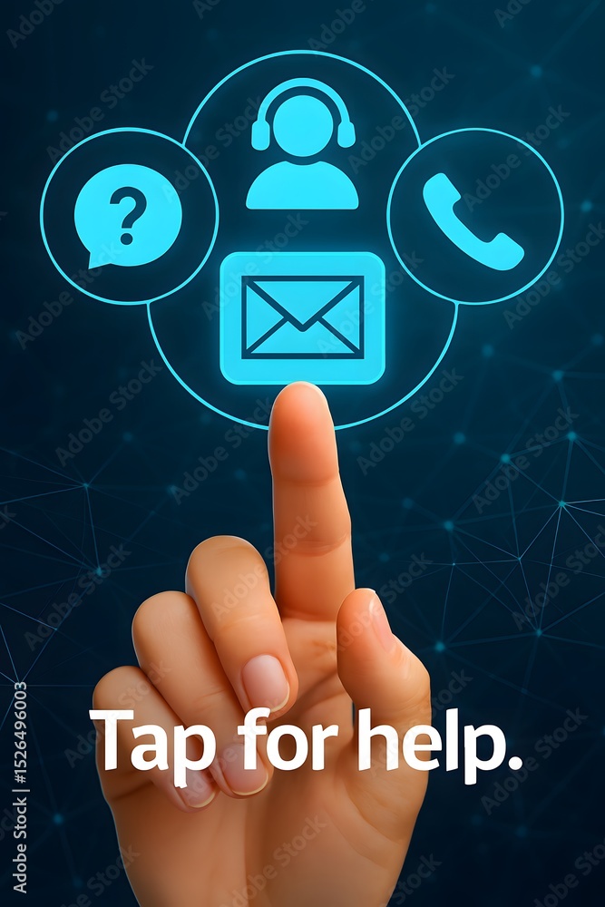 Poster an interactive display with a hand pointing at customer service icon, customer support and assistanc