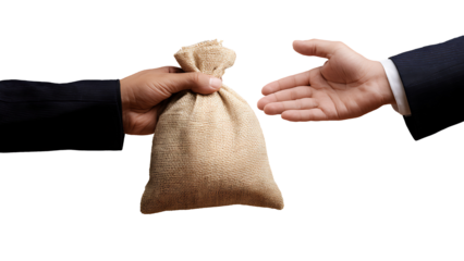 A man's hand holds a bag of money for a loan to plan investments in future concepts.