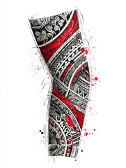 tattoo sleeve concept art, powerful African tribal patterns, rich black and deep crimson red, interlocking geometric shapes, stylized animalistic elements integrated, organic flow, hand-drawn sketch 