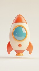 Cartoonish orange and white rocket ship against a plain white background, seemingly floating