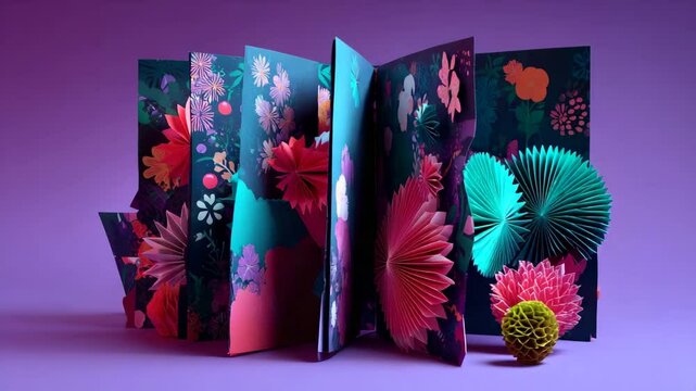 Colorful paper art installation showcases intricate designs and vibrant patterns with a modern twist in a studio setting