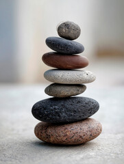 Zen stones, stacked in balance, serene, minimalist