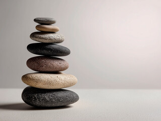 Zen stones, stacked in balance, serene, minimalist
