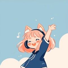 Girl listening music icon, cute cartoon illustration style, clean white background and simple lines.