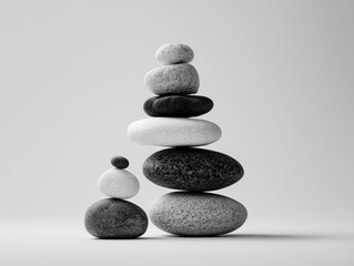 Zen stones, stacked in balance, serene, minimalist
