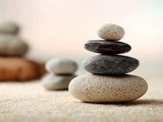 Zen stones, stacked in balance, serene, minimalist